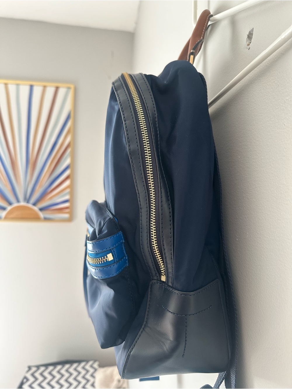 Tory Burch Navy Backpack with Bright Blue Trim and Tan Leather Handle - Picture 6 of 14